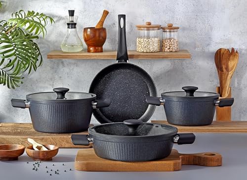 7 Parça İndüksiyon Cam Kapaklı Titanyum Kaplama Tencere ve Tava Seti - Görsel 1