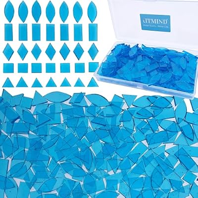 LITMIND Transparent Blue Stained Glass Mosaic Tiles - 240 Pieces in 5 Shapes (Rectangle, Triangle, Rhombus, Square, Leaf) Mixed Sizes for Crafts, Mosaic Projects & Home Décor