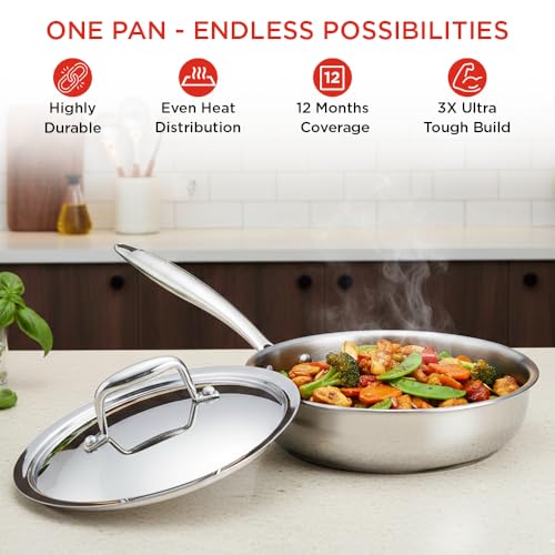 Image of Vinod SAS Pro Platinum Triply Hybrid Non Stick Saute Pan with Lid, (20cm) | Durable Stick Free Cooking Surface | for Curry, Stir Fry, Deep Fry, Sauteing & Roasting | Induction & Gas Compatible