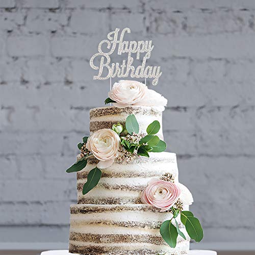 Happy Birthday Cake Topper - Premium Silver Metal - Happy Birthday Party Sparkly Rhinestone Decoration Makes A Great Centerpiece - Now Protected In A Box #TOP2