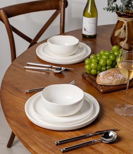 Image of TheTerra Ceramic Dinnerware Sets, Handmade Reactive Glaze Plates and Bowls Set, Scratch Resistant Dish Set, Oven & Microwave & Dishwasher Safe, Bright White