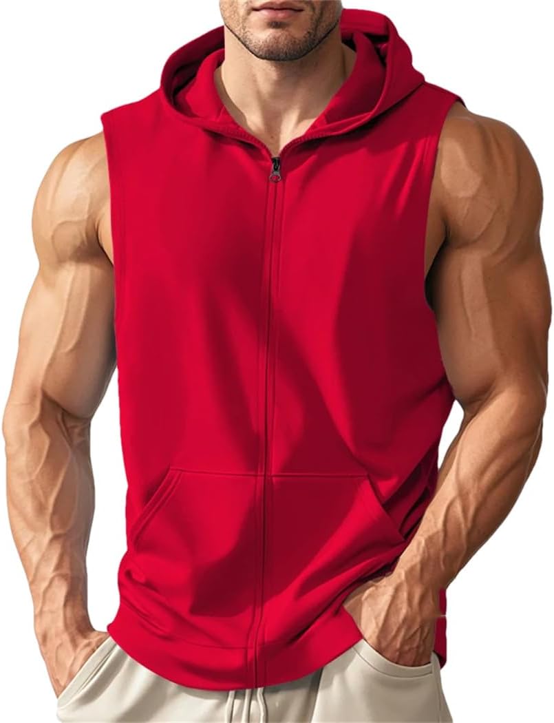 Dvbfufv Men's Summer Sports Fitness Training Zipper Hooded Sleeveless Vest Loose Breathable T-Shirt