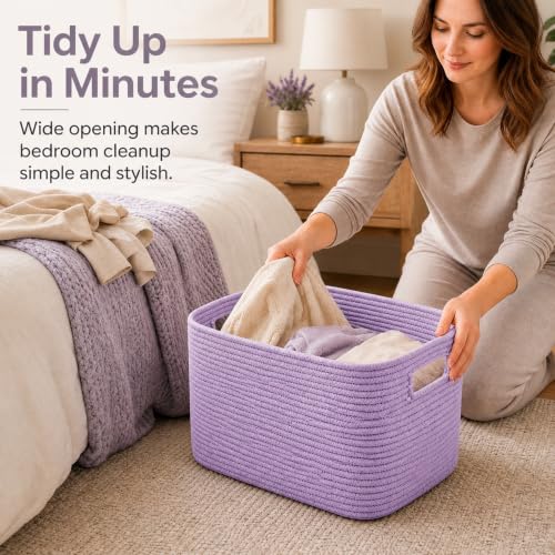 Image of 25.4GAL Collapsible Cotton Rope Extra Large Storage Basket For Bedroom Closet, Boho Rectangular Big Short Hamper Woven Storage Baskets for Living Room Throw Pillows Blankets Dirty Clothes, Lavender