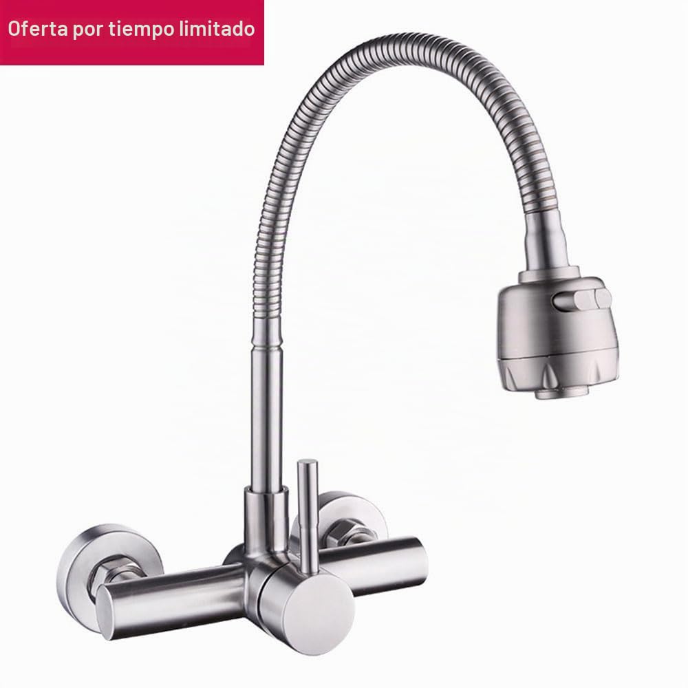 HomeLava Grifo de Cocina Montaje en Pared Grifo Flexible de 2 Funciones Pulverizador Rotación de 360 ° Grifo Cepillado Grifo Cocina Fregadero Acero Inoxidable 304