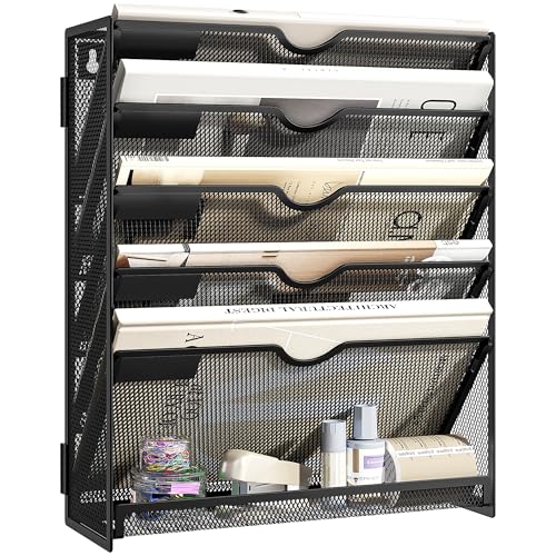 Image of VITVITI File Organiser, 6-Tier A4 Wall Mounted Magazine File Holder for Mails Folders Papers, Vertical Document Organiser for Office Home - Black