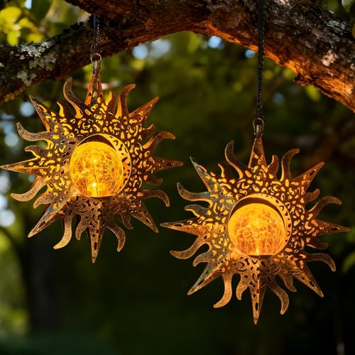 2 Pack Garden Decor Hanging Lanterns Outdoor Waterproof,Solar Lights Metal