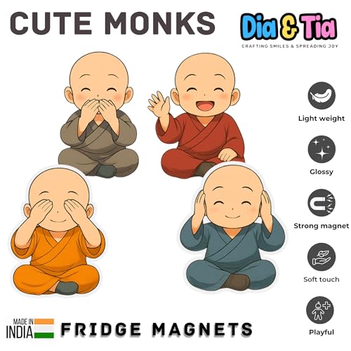 Image of Dia & Tia - Set of 4 Cute Monk Fridge Magnets - Spiritual Buddha Theme Decor for Fridge, Office, Meditation Corner, Metal Almirah - Peaceful Gift for Home