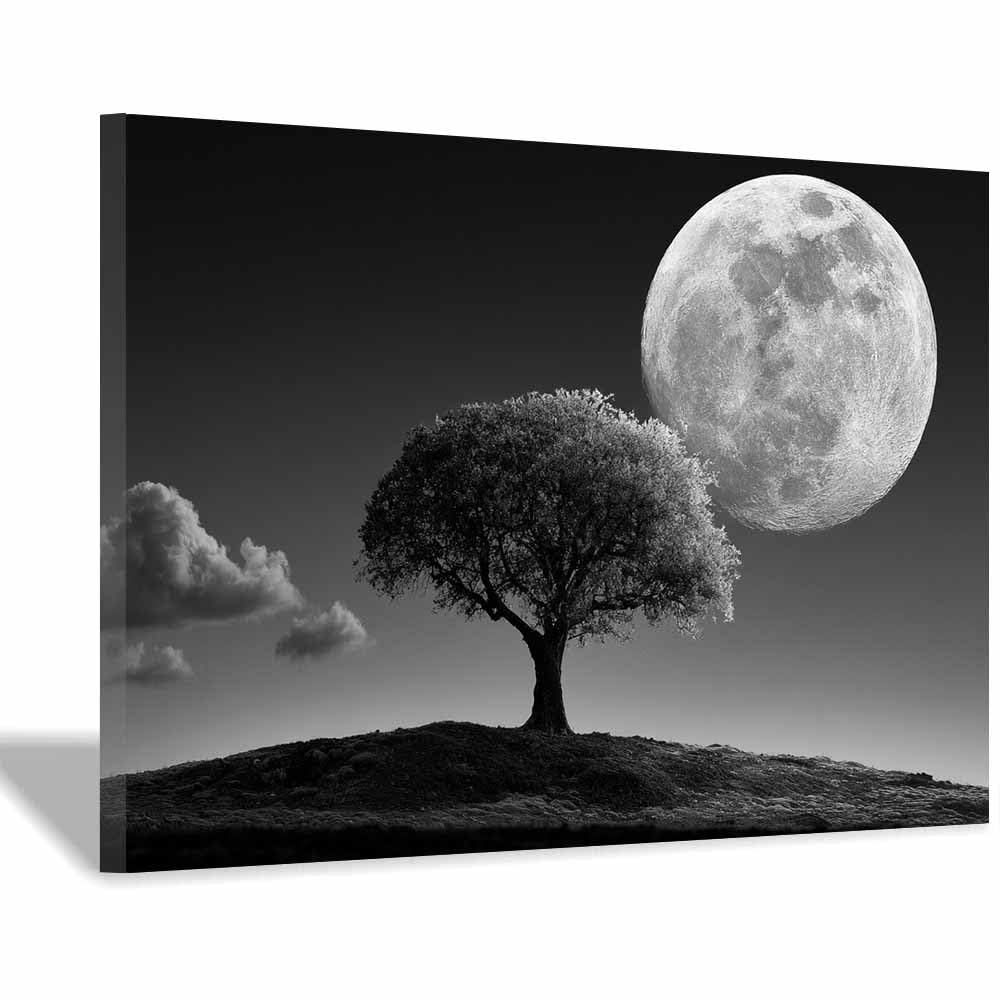 XENIOU Grey Canvas Wall Art Lone Tree Giants Moon Canvas Wall Art, artwork for Bedroom Living Room Bathroom Office Home Decoration(Multicolor)-40x60cm Framed