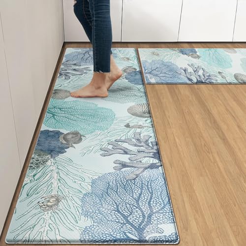 Arttown Anti-Fatigue Kitchen Rug Set of 2, Waterproof Non-Slip, Ocean