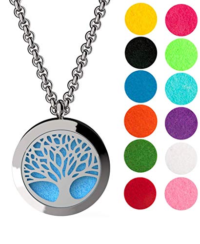 Wild Essentials Tree of Life Essential Oil Diffuser Necklace, Stainless Steel Locket Pendant with 24 inch Chain, 12 Color Refill Pads, Customizable Color Changing Perfume Jewelry for Aromatherapy