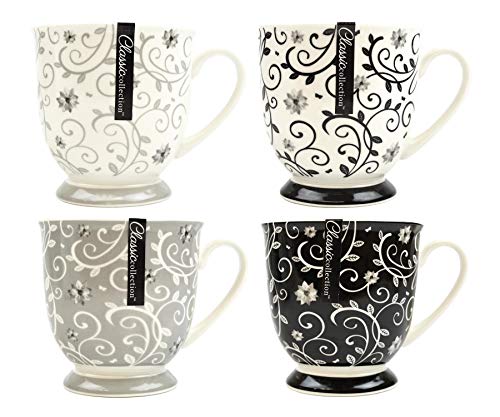 YöL Set of 4 Coffee Mugs Tea Cups Floral Swirl Grey Black White New Bone China Large 400ml