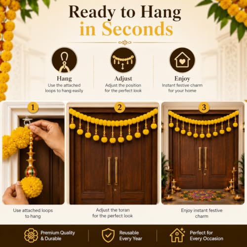 Image of SMIZZY Artificial Marigold Flower Toran for Main Door Entrance, Traditional Bandarwal Door Hanging with Decorative Beads & Tassels for Diwali Pooja Wedding Housewarming & Festival Decoration 44 Inches