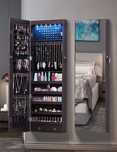 QUANYOU 6 LED Lights Lockable Full Mirror Full Screen Jewelry Organizer Wall Mounted/Door Mounted/Jewelry Cabinet Jewelry Armoire with Mirror/Full Length Mirror Hanging Mirror 7025 (Brown)