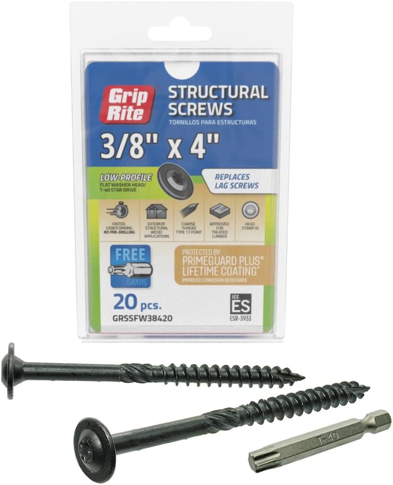 GRSSFW38420-GRIP-RITE 3/8 X 4 PRIMEGUARD Plus Coated T-40 Star Drive Washer Head COARSE Thread Type 17 Point Structural Screw 20 Count