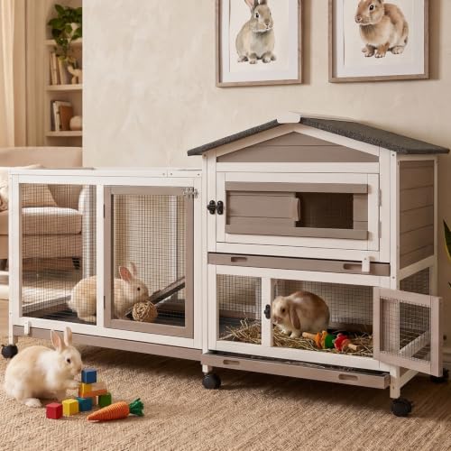 Ketive Rabbit Hutch Indoor Outdoor Two Story Bunny Hutch with Wheels Guinea Pig Cage with Removable No Leaking Tray Wooden Pet House