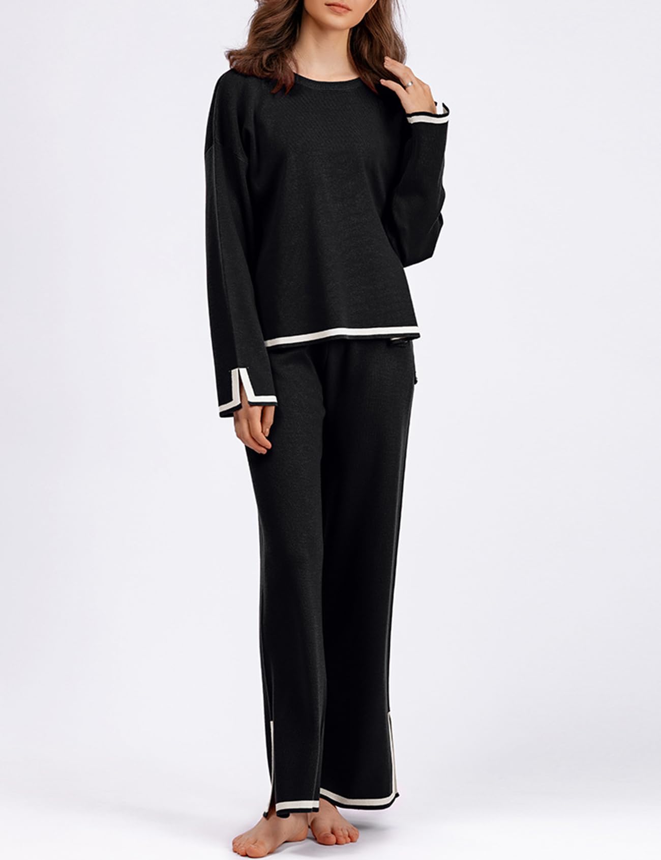 Rxozrxoz Damen-Pullover-Set, langärmelig, Strickpullover, Oberteile, weites Bein, Hose, 2-teiliges Outfit, Lounge-Sets