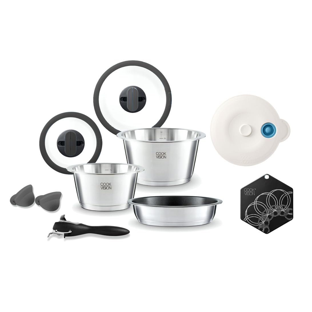 Nesto Set per principianti, 10 pezzi, nero, 2 pentole in acciaio inox e 1 padella per tutti i piani cottura, 1 coperchio in vetro, 1 manico, salvaspazio, accessori innovativi