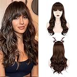 BonJoJo Natural Brown Long Length Body Wave Synthetic Wig with Bangs Heat Resistant Daily Wearing...