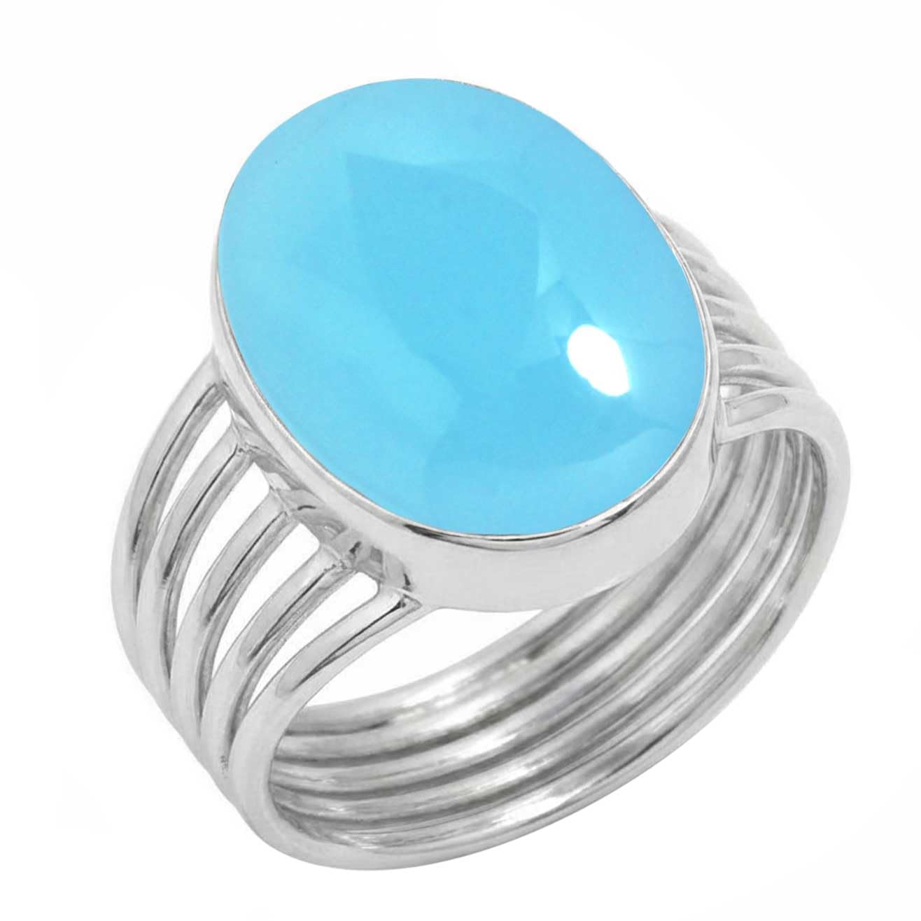 Jeweloporium Ring aus blauem Chalcedon, silberplattiert, Größe 58 (18,5), 925er Silber, handgefertigter Schmuck mit großem ovalem Edelstein.