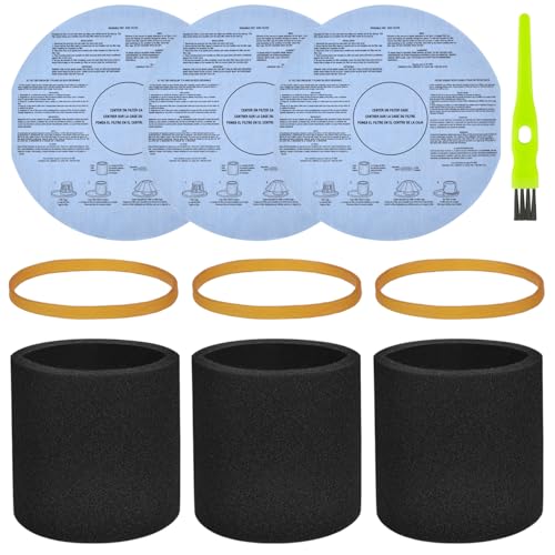 3 Pack 90585 Foam Sleeve Filter and 3 Pack 90107/90137 Wet Dry Vac Filter for Most Shop Vac 5 Gallon and Above Vacuum Cleaner Vf2002 Dry Discs Filters with 3 Retaining Bands Replace# 9058500 9010700