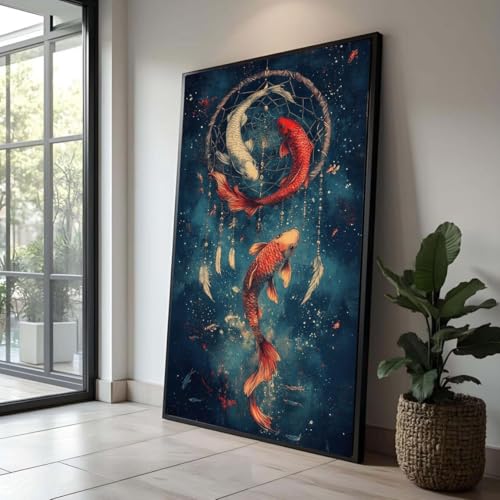 Toile attrape-rêves poissons koi art mural zen sans cadre 21x30