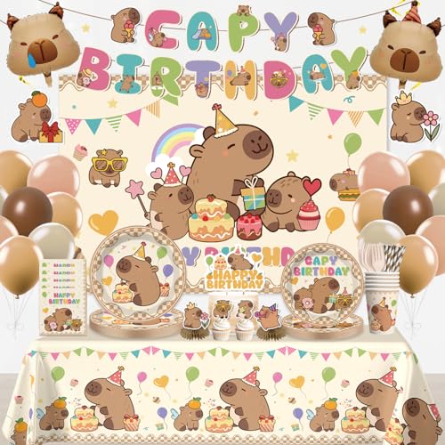 362pcs Capybara Birthday Decorations-Serves 50, All-in-one Capybara Party Decorations with 350gsm Plate, Tablecloth, Backdrop, Centerpiece, Capybara Balloons, Banner, Cake Topper