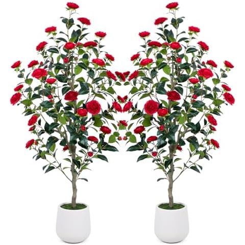 Nafresh 5ft Tall Artificial Camellia Tree with White Decorative Planter, 60 inch Fake Tree with Blooming Red Flowers and Green Leaves for Home Office Front Door Porch Patio Garden Decor, 2pack Cover