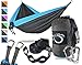 Double Camping Hammock- Best Lightweight & Portable Two Person Hammock Set –Aluminum Wiregate Carabiners, 2- 16 Loop Tree Straps & Compression Strap- Holds 500 LBS -Ideal for Travel- Blue Edges