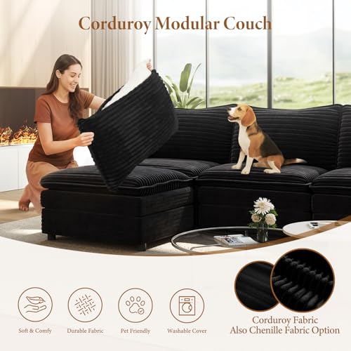 Image of Vesgantti Large Modular Sectional Sofa, Big Comfy Cloud Couch with Ottoman Deep Seat Corduroy Cloud Sofa, 8 Seater Large Sectional Couches for Living Room, Bedroom and Apartment, Black