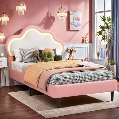 Yeutre Lit pour Enfant rembourré 90 x 200 cm Lit Princesse Nuage avec LED Lits Simple avec tête de lit réglable et sommier à Lattes Lits Rose(sans Matelas) (Rose C, 90 x 200 cm)