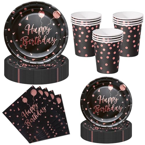 Nkaiso Kit Vaisselle Jetable Anniversaire 50 Pièces Noir et Rose Gold - 10 Assiettes Plates, 10 Assiettes Dessert, 10 Gobelets, 20 Serviettes - Pour...