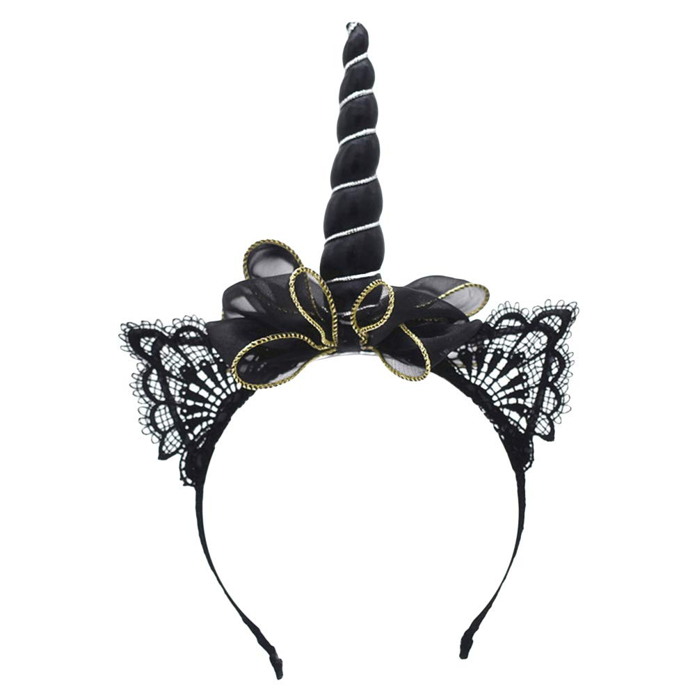 Black Unicorn Headband Bowknot Lace Ear Hair Hoop Glitter Hair Accessories for Festival Party
