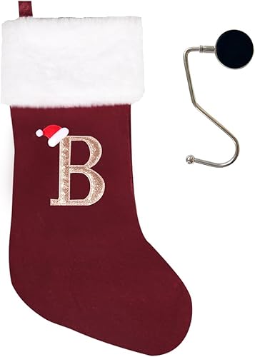 infleesh Soporte para medias de Navidad con monograma de 20 pulgadas, color rojo vino, con letras, medias de Navidad súper suaves, medias grandes