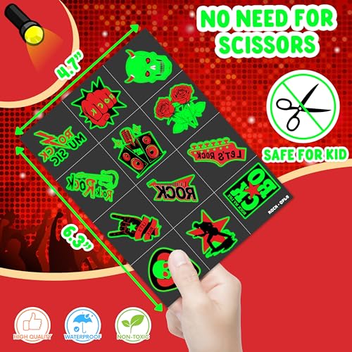 Image of Glow in the Dark Rock and Roll Temporary Tattoos for Kids, 96 PCS Pre-Cut | Luminous Super Cute Themed Birthday Party Favors Supplies Decorations, Music Fake Tattoos Gifts for Boys Girls
