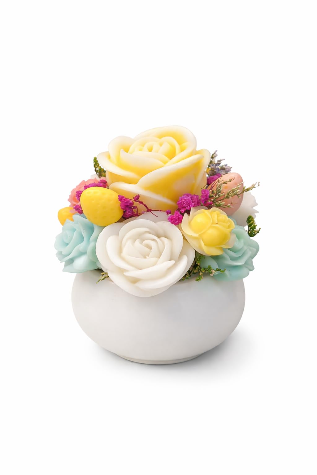 TWOC Florenza Dome Teddy Wax Flower Bouquet | Soy Wax Floral Candle with Teddy Centerpiece | Dusty Rose & Pastel Blooms | Decorative Home Décor & Gifting (French Lilac)-image-17