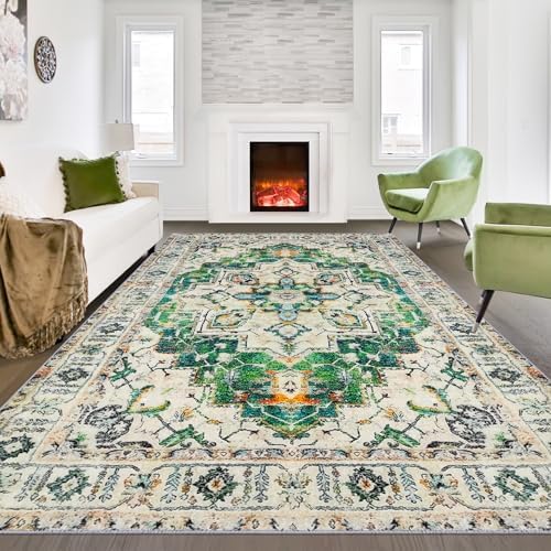 TENNOLA Sage Green Rug 6x9 Thin Vintage Boho Rug Machine Washable Large Area Rug Non Slip Carpet