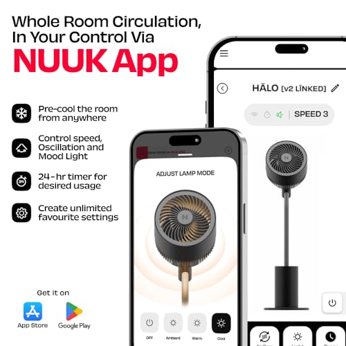 Image of NUUK HALO v2 LINKD Smart 3D Air Circulator Fan | BLDC Motor | 12 Speed Modes | Horizontal + Vertical Oscillation | Mood Lamp | Remote + App Control | Ultra-silent High Speed Standing Fan for Home