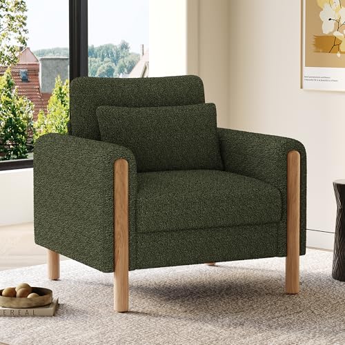 TIZZ Sillón con reposabrazos moderno con cojín grueso, cómodo sillón individual con acolchado suave, sillón de relax para salón, oficina o dormitorio, cómodo sillón, color verde.