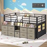 Dnxao Low Loft Bed Twin with 9 Drawers 2 Storage Bookcases,Twin Bed Frame for Kids with LED Lights and Charging Station,15' H Safety Guardrail,Under-Bed Play Space, Oak Gray