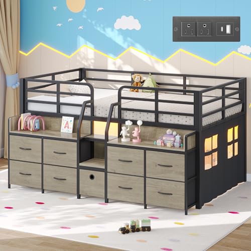 Dnxao Low Loft Bed Twin with 9 Drawers 2 Storage