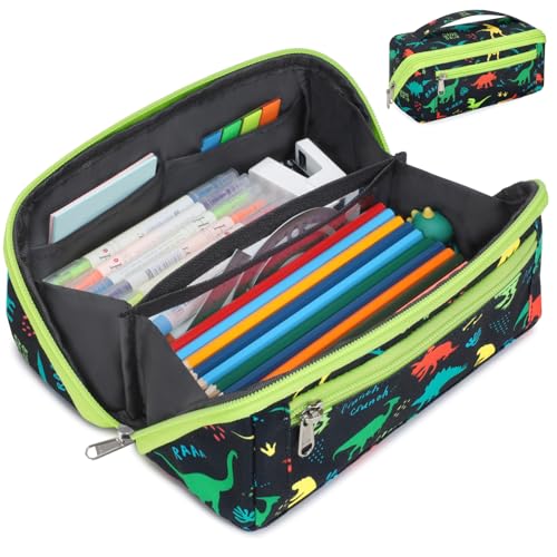 BrainyBees Large Pencil Case for Boys Durable Kids Pencil Pouch for School Wide Opening Soft Bag with Handle Fits 50 Pens & Markers (Black Dinosaur)