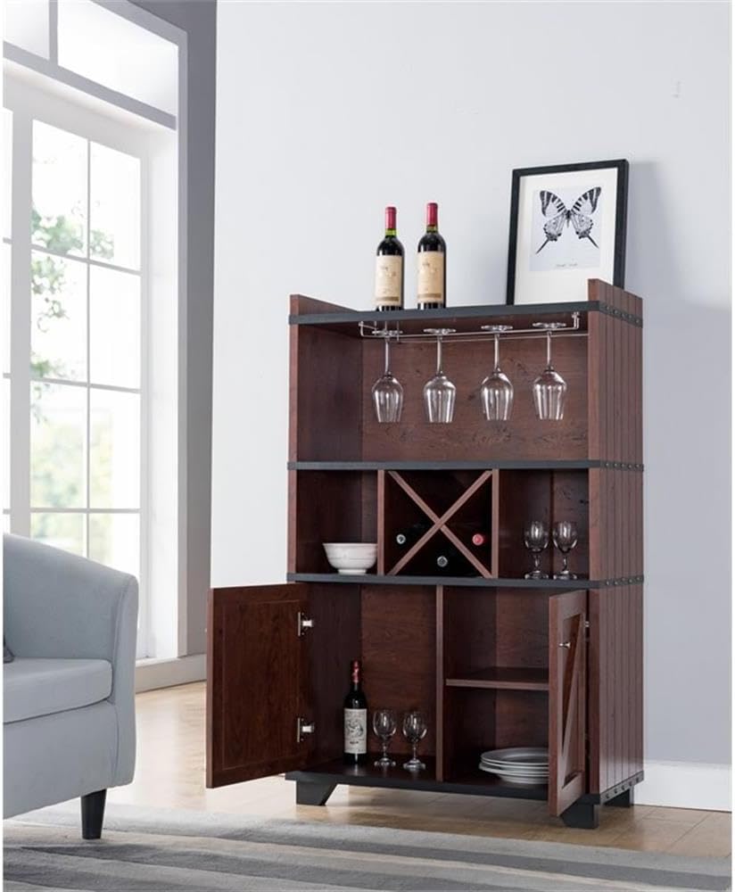 Bowery Hill Farmhouse Wood Wine Rack, 31.25"W x 15.5"D x 49.25"H, Vintage Walnut Finish, MDF/Particle Board, 4-Bottle Capacity with Glass Hanging Rack, Open Shelves, Plank Cabinet, Rustic Bar Storage