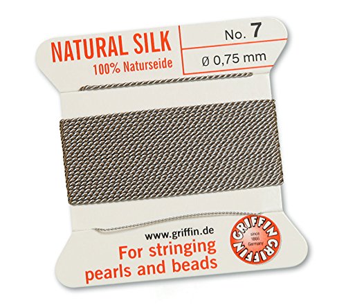 GRIFFIN 100% Natural Silk Beading Cord String Thread - Grey - 2 metres with one needle - Size 0.75mm