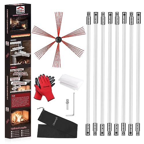 Cleancraft Kit de barrido de chimenea de 16 pies, limpiador ergonómico de chimenea, sistema de limpieza de chimenea giratorio impulsado por taladro, cepillo de chimenea, kit de limpieza de chimenea