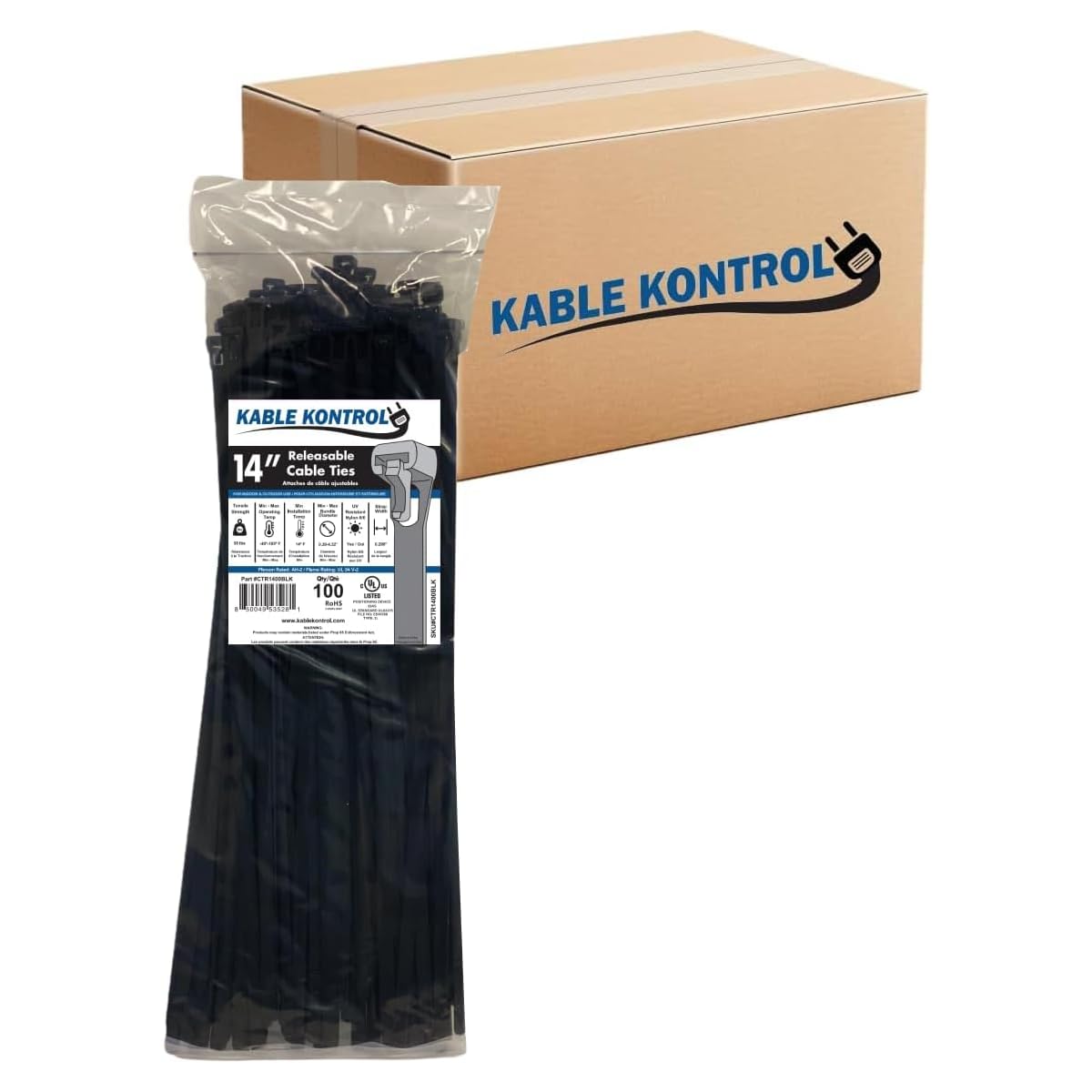 Kable Kontrol Reusable Cable Zip Ties 14 Inch 3000 Pcs Black, 50 Lbs Tensile Strength, Self-Locking, Multipurpose Trigger Releasable & Adjustable Nylon Plastic cord wraps for indoor & Outdoor use