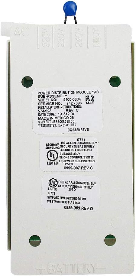 Indietro view of Simplex 4100-0634 module with product labels and specifications.