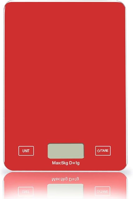 Digital Kitchen Scale Weighing Sclae Food Weighing Electronic Tempered Glass DIY Scales with Large Platform and Backlit LCD, Slim Design, Batteries Included,11lb/5kg (Red)