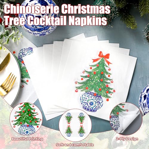 Epakh 50 Pcs Chinoiserie Christmas Tree Guest Napkins Disposable Paper Hand Towel for Bathroom with Christmas Tree Bow Blue and White Porcelain Print for Xmas Party Holiday Decoration (6.5 * 6.5inch) – Image 4