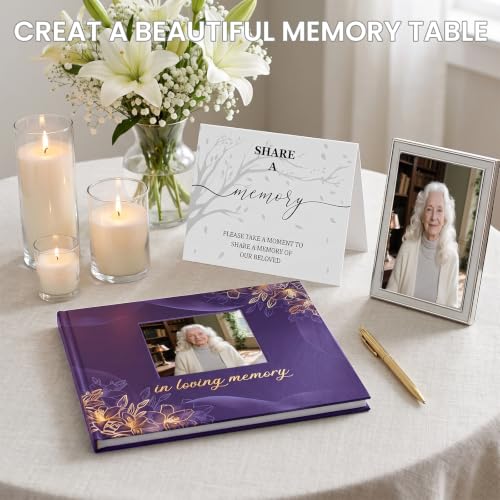 Image of Funeral Guest Book, in Loving Memory Sign in Book with Photo Slot | 330 Entries, Table Sign Card Included, Gold Stamping, Hardcover, Celebration of Life Keepsake, 9x7.5 inch, Purple