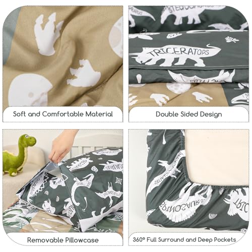Image of 4 Piece Toddler Bedding Set, Ultra Soft and Breathable Cartoon Dinosaur Toddler Comforter Sets for Boys Includes Quilted Comforter, Fitted Sheet, Flat Sheet and Pillowcase